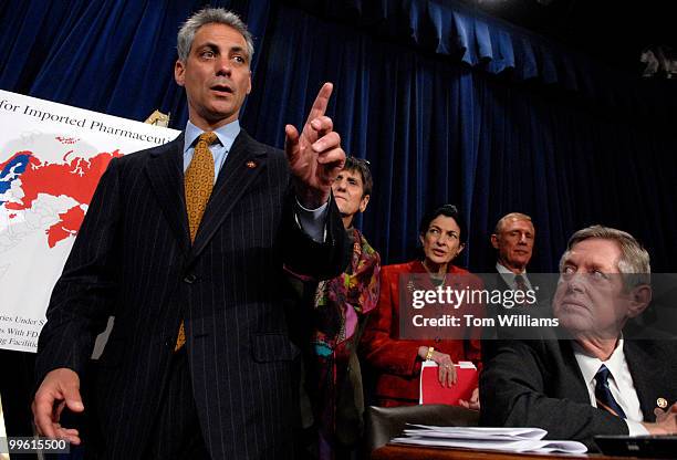 Rep. Rahm Emanuel, D-Ill., takes a question at a news conference introducing critical drug importation legislation that will reduce the cost...