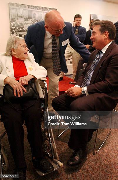 Rep. Billy Tauzin, R-La., talks with Mattie Wimer and Jim Downey both of W.V., and during rally for prescription drugs, Thursday.