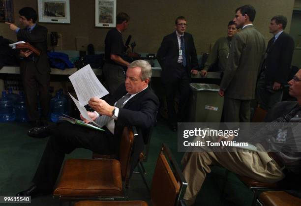 Sen. Dick Durbin, D-Ill., reviews papers before a news conference to outline reason why Congress must pass a Senate version of the USA PATRIOT Act...