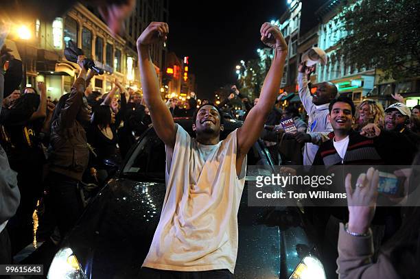 Revelers stopped traffic on 7th Street, NW, in Chinatown to celebrate the election of Barack Obama to the presidency of the United States, November...