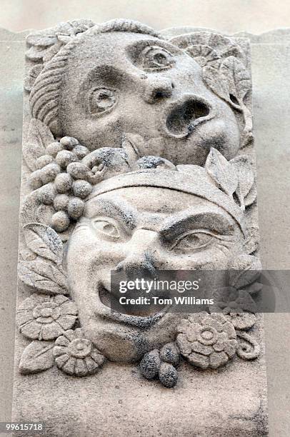 Relief depicting comedy and tragedy appear on the side of the Folger Shakespeare Library.