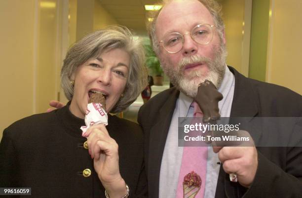 Rep. Lynne Woolsey, D-CA, hams it up with Ice Cream mogul Ben Cohen of Ben & Jerry's Ice Cream at a Children's Task Force meeting in the Capitol.