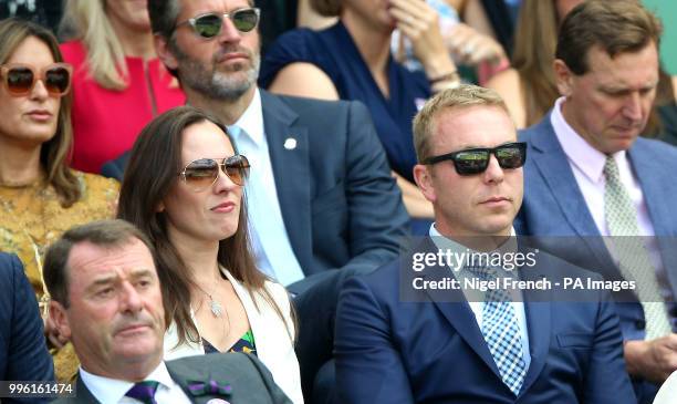 Sir Chris Hoy and Lady Sarra Hoy in the royal box on centre court on day nine of the Wimbledon Championships at the All England Lawn Tennis and...