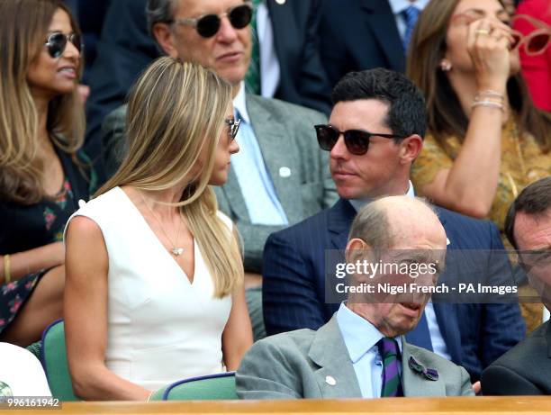 Rory McIlroy and Erica Stoll in the royal box on centre court on day nine of the Wimbledon Championships at the All England Lawn Tennis and Croquet...