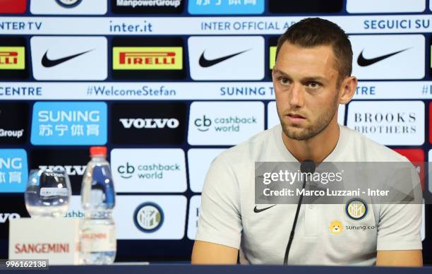 Internazionale new signing Stefan De Vrij speaks to the media during a press conference at the club's training ground Suning Training Center in...