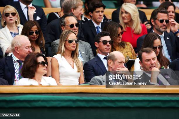 Rory McIlroy and Erica Stoll attend day nine of the Wimbledon Lawn Tennis Championships at All England Lawn Tennis and Croquet Club on July 11, 2018...