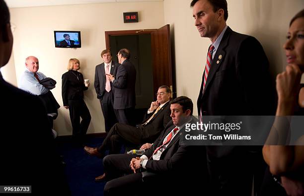 Republican members of the freshman class including Rep. Duncan Hunter, R-Calif., nearest seated, congregate before a news conference they held on...