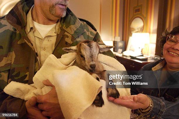 Marshall Hammond of the Capitol Maintenance department, shows his one week old Pygmy Goat "Tiny", to Teresa Mulato of the Senate Gift Shop, Friday...