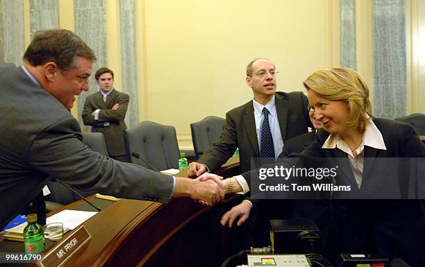 Sen. Mark Pryor, D-Ark., greets Deborah Platt Majoras, chairman, Federal Trade Commission , before Senate Commerce, Science, and Transportation...