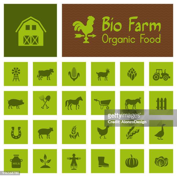 bio farm icons - baby chicken stock illustrations