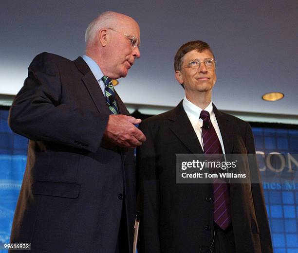 Sen. Pat Leahy, D-Vt., left, talks with Microsoft chairman, Bill Gates, before a panel discussion to kick off the Microsoft Research Tech Fair, in...