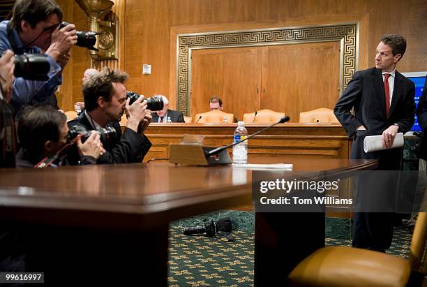 Secretary of the Treasury Tim Geithner, prepares to testify before a Budget Committee hearing where he testified on the FY2010 budget and revenue...