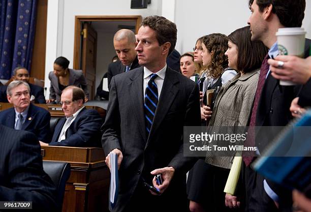 Secretary of the Treasury Tim Geithner enters a House Financial Services Committee to testify at a hearing entitled "Addressing the Need for...