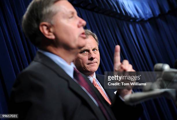 Sen. Richard Burr, R-N.C., right, and Sen. Lindsey Graham, R-S.C., conduct a news conference on the GI Bill, May 21, 2008.