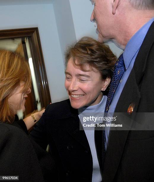 Sen. Blanche Lincoln, D-Ark., center, is greeted by Reps. Vic Snyder, D-Ark., and Loretta Sanchez, D-Calif., before a news conference to introduce...