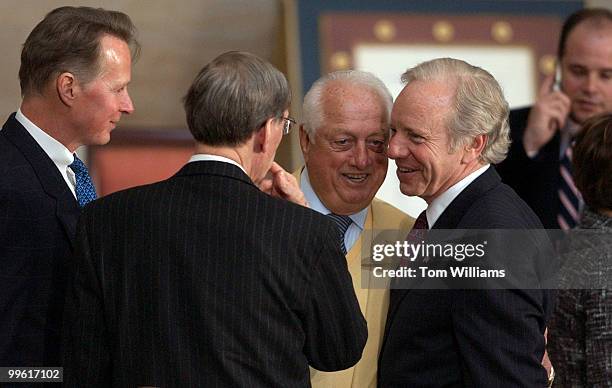 Former manager of the Dodgers Tommy Lasorda, greets Sen. Joe Lieberman, D-Conn., as Rep. David Dreier, R-Calif., left, and Commisioner of Baseball...