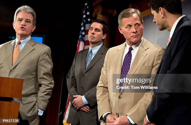 From left, Sen. Tom Coburn, R-Okla., Rep. Devin Nunes, R-Calif., Sen. Richard Burr, R-N.C., and Rep. Paul Ryan, R-Wisc., conduct a news conference on...