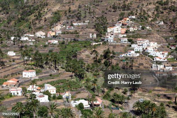 view from mirador cesar manrique onto terraced fields and houses of la vizcaina, valle gran rey, la gomera, canary islands, spain - mirador stock pictures, royalty-free photos & images