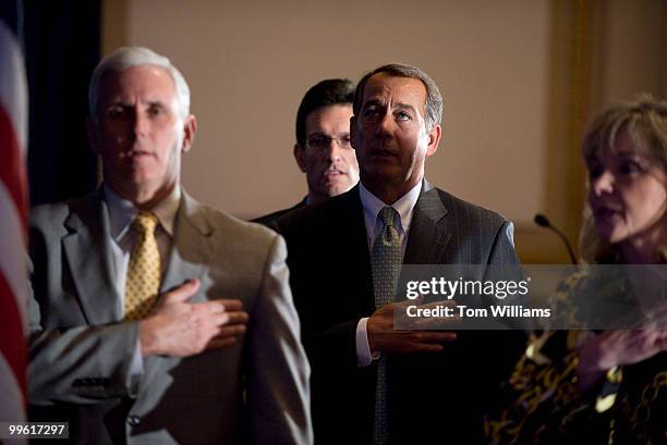 From left, Conference Chair Mike Pence, R-Ind., House Minority Whip Eric Cantor, R-Va., House Minority Leader John Boehner, R-Ohio, and Rep. Mary...