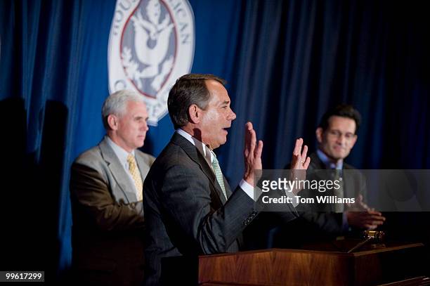 From left, Conference Chair Mike Pence, R-Ind., House Minority Leader John Boehner, R-Ohio, and House Minority Whip Eric Cantor, R-Va., conduct a...
