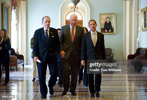 From left, Sens. Arlen Specter, D-Pa., Pat Leahy, D-Vt., and Joe Solmonese, president of the Human Rights Campaign, make their way to a news...