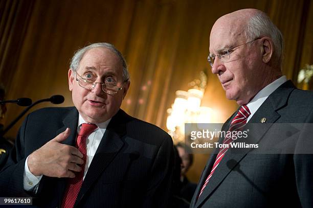 Sens. Carl Levin, D-Mich., left, and Pat Leahy, D-Vt., attend a news conference on the passage of the Matthew Shepard and James Byrd, Jr. Hate Crimes...