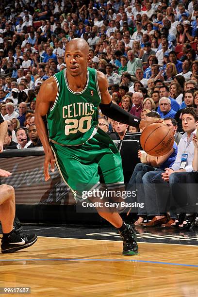 Ray Allen of the Boston Celtics drives against the Orlando Magic in Game One of the Eastern Conference Finals during the 2010 NBA Playoffs on May 16,...