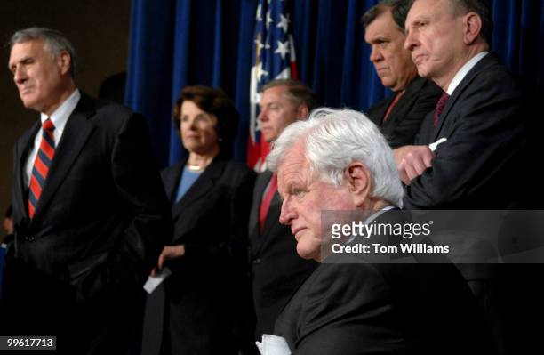 Sens.Ted Kennedy, D-Mass., attends a news conference to discuss the immigration bill. From left are, Sens. Jon Kyl, R-Ariz., Dianne Feinstein,...