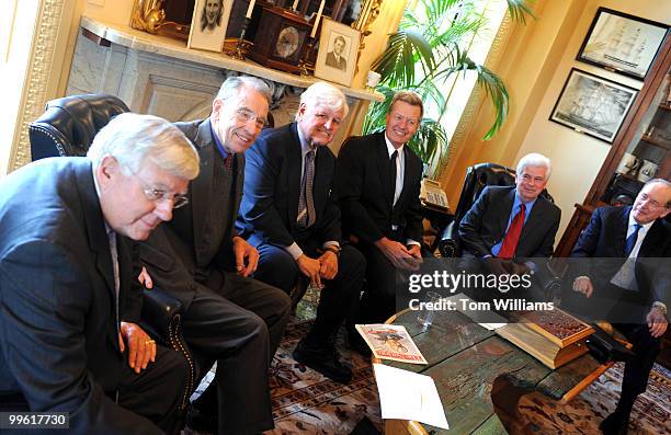 From left, Sens., Mike Enzi, R-Wyo., Charles Grassley, R-Iowa, Ted Kennedy, D-Mass., Max Baucus, D-Mont., Chris Dodd, D-Conn., and John Rockefeller,...