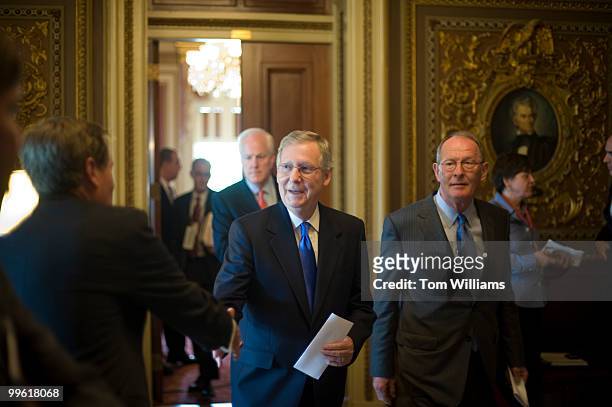 From left, Sen. John Cornyn, R-Texas, Senate Minority Leader Mitch McConnell, R-Ky., and Sen. Lamar Alexander, R-Tenn, after the senate luncheons,...