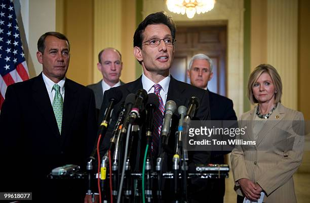 House Minority Whip Eric Cantor, R-Va., speaks to the media after a House republican conference meeting, September 9, 2009. Behind him from left are,...