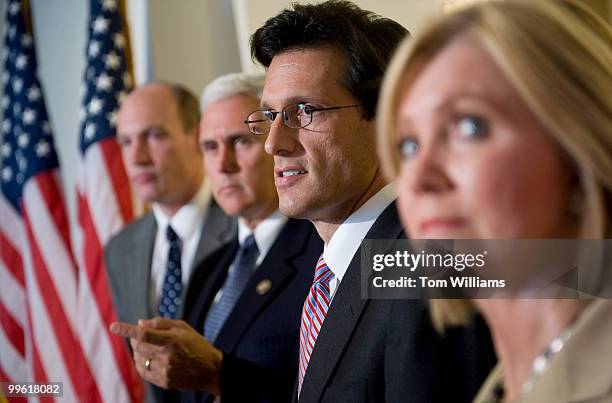 From left, Rep. Thad McCotter, R-Mich., Conference Chairman Mike Pence, R-Ind., House Minority Whip Eric Cantor, R-Va., and Rep. Marsha Blackburn,...