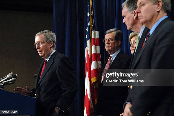 From left, Senate Minority Leader Mitch McConnell, R-Ky., Sens. Trent Lott, R-miss., Kay Bailey Hutchison, R-Texas, Judd Gregg, R-N.H., and Lindsey...