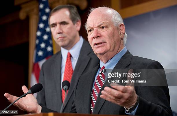 Sens. Ben Cardin, D-Md., right, and Jeff Merkley, D-Ore., conduct a news conference on job creation, Feb. 22, 2010.