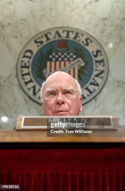 Chairman of the Senate Judiciary Committee Pat Leahy, D-Vt., questions Supreme Court Justice Anthony Kennedy at a hearing on judicial security and...