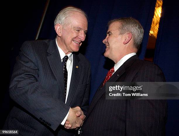 Rep. Sam Johnson, R-Texas, left, talks with and Oliver North, backstage of the Conservative Political Action Conference, at the Omni Shoreham hotel...