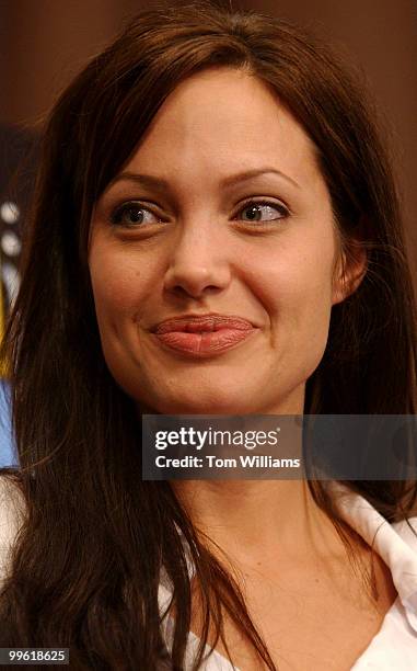 Angelina Jolie, actress and Goodwill Ambassador for United Nations High Commissioner for Refugees, attend a news conference with Sens. Diane...