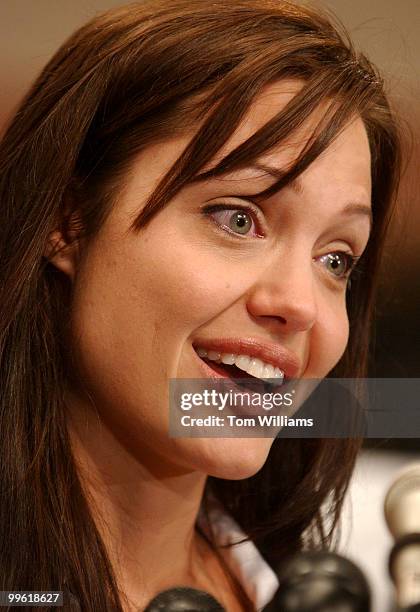 Angelina Jolie, actress and Goodwill Ambassador for United Nations High Commissioner for Refugees, attend a news conference with Sens. Diane...