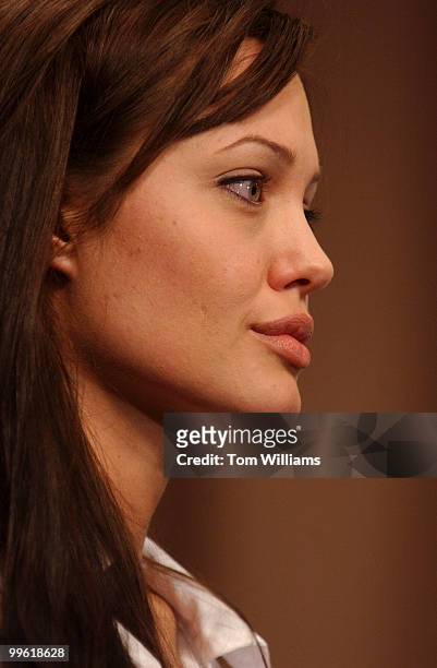 Angelina Jolie, actress and Goodwill Ambassador for United Nations High Commissioner for Refugees, attend a news conference with Sens. Diane...