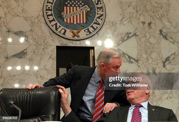 Chairman of the Senate Judiciary Committee Pat Leahy, D-Vt., right, talks with Sen. Jeff Sessions, R-Texas, at a hearing on judicial security and...