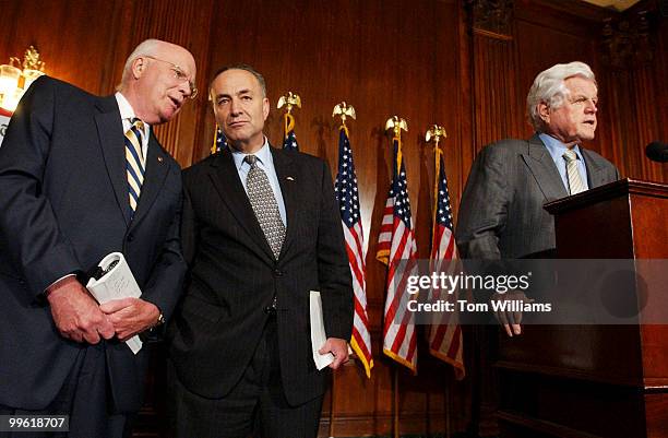 Sen. Pat Leahy, D-Vt., has a word with Sen. Chuck Schumer, D-N.Y., during a news conference with Texas civic leaders to urge the Senate to oppose...