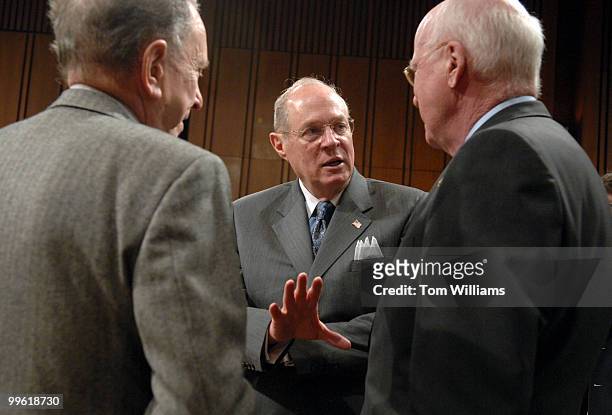 Supreme Court Justice Anthony Kennedy, center, talks with Chairman of the Senate Judiciary Committee Pat Leahy, D-Vt., right, and ranking member...