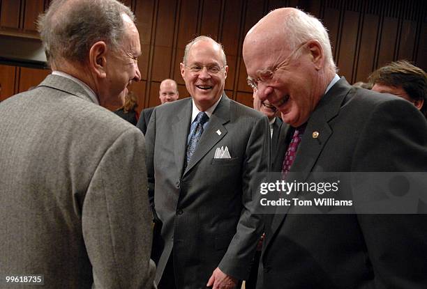 Supreme Court Justice Anthony Kennedy, center, talks with Chairman of the Senate Judiciary Committee Pat Leahy, D-Vt., right, and ranking member...