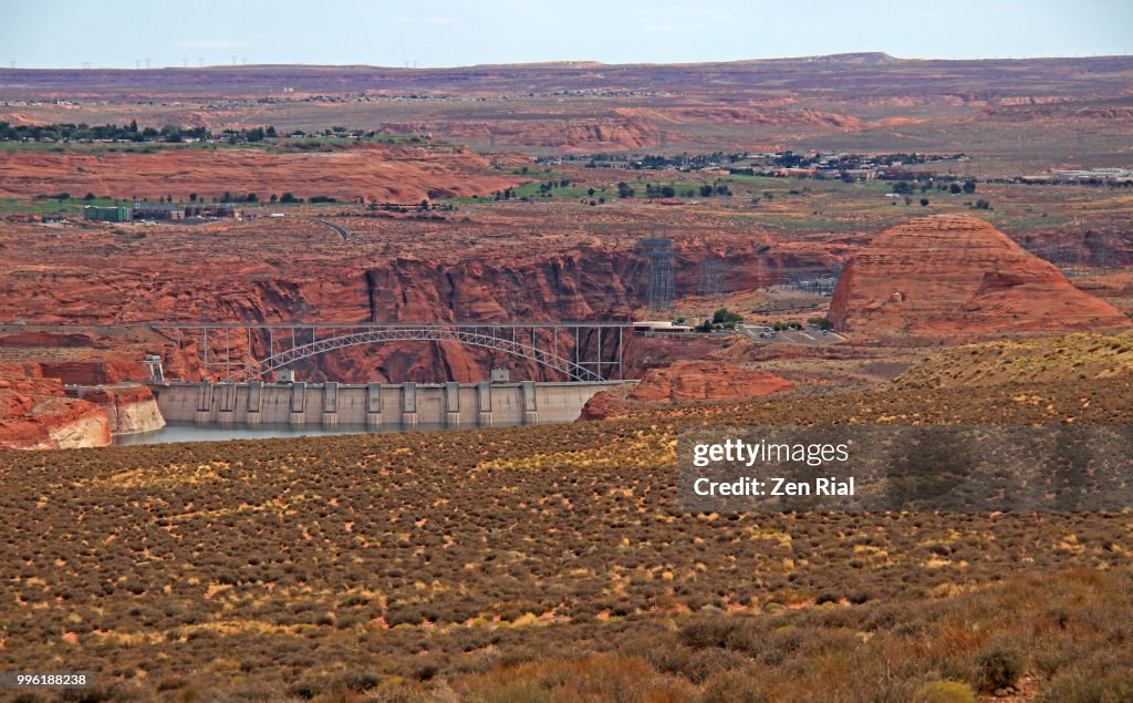 Lake Powell showing Glen Canyon Dam and Bridge and surrounding areas in Arizona, USA