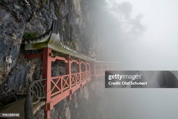 covered hiking trail on a cliff in fog, tianmen mountain, tianmen mountain national park, yongding, zhangjiajie, china - tianmen stock pictures, royalty-free photos & images