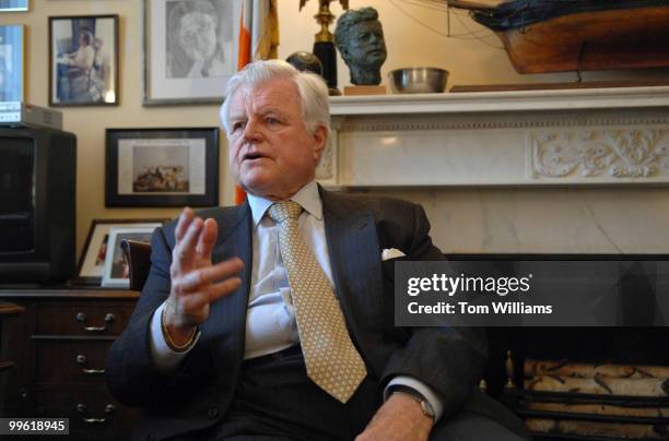 Sen. Ted Kennedy, D-Mass., is interviewed by Roll Call's Mort Kondracke in his Russell Building office.