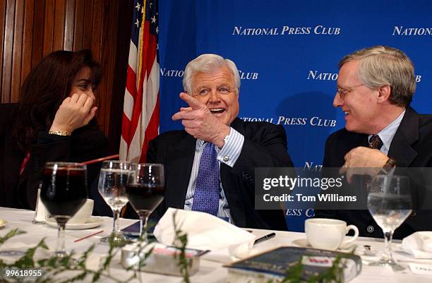 Sen. Ted Kennedy, Mass., shares a laugh with Lolita Baldor of the Associated Press and Bill McCarren, president of U.S. News Wire, before the...