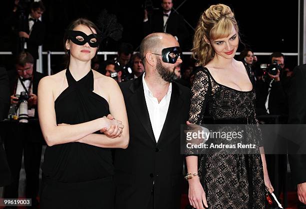 Actress Pauline Etienne with director Gilles Marchand and actress Louise Bourgoin attends "Black Heaven" Premiere at the Palais des Festivals during...