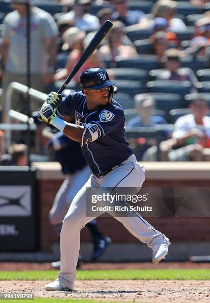 Adeiny Hechavarria of the Tampa Bay Rays in action against the New York Mets during a game at Citi Field on July 8, 2018 in the Flushing neighborhood...