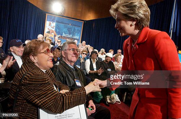 Sen. Hillary Clinton, D-N.Y., greets Louis and Emilia Rosenthal, both 76, from Bronx, N. Y., during a rally to urge Congress to support the...